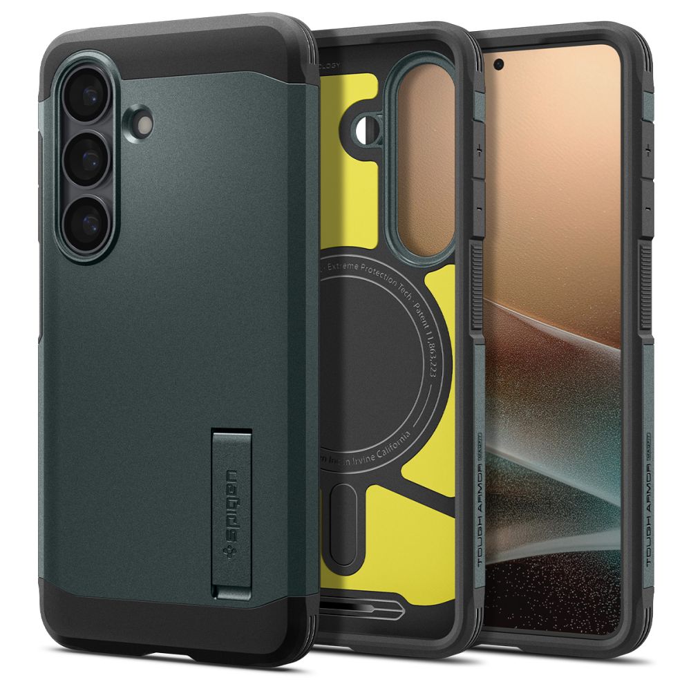 Carcasa Spigen Tough Armor MagSafe, verde abisal, hibrid PC + TPU, compatibilă cu Samsung Galaxy S26 Plus