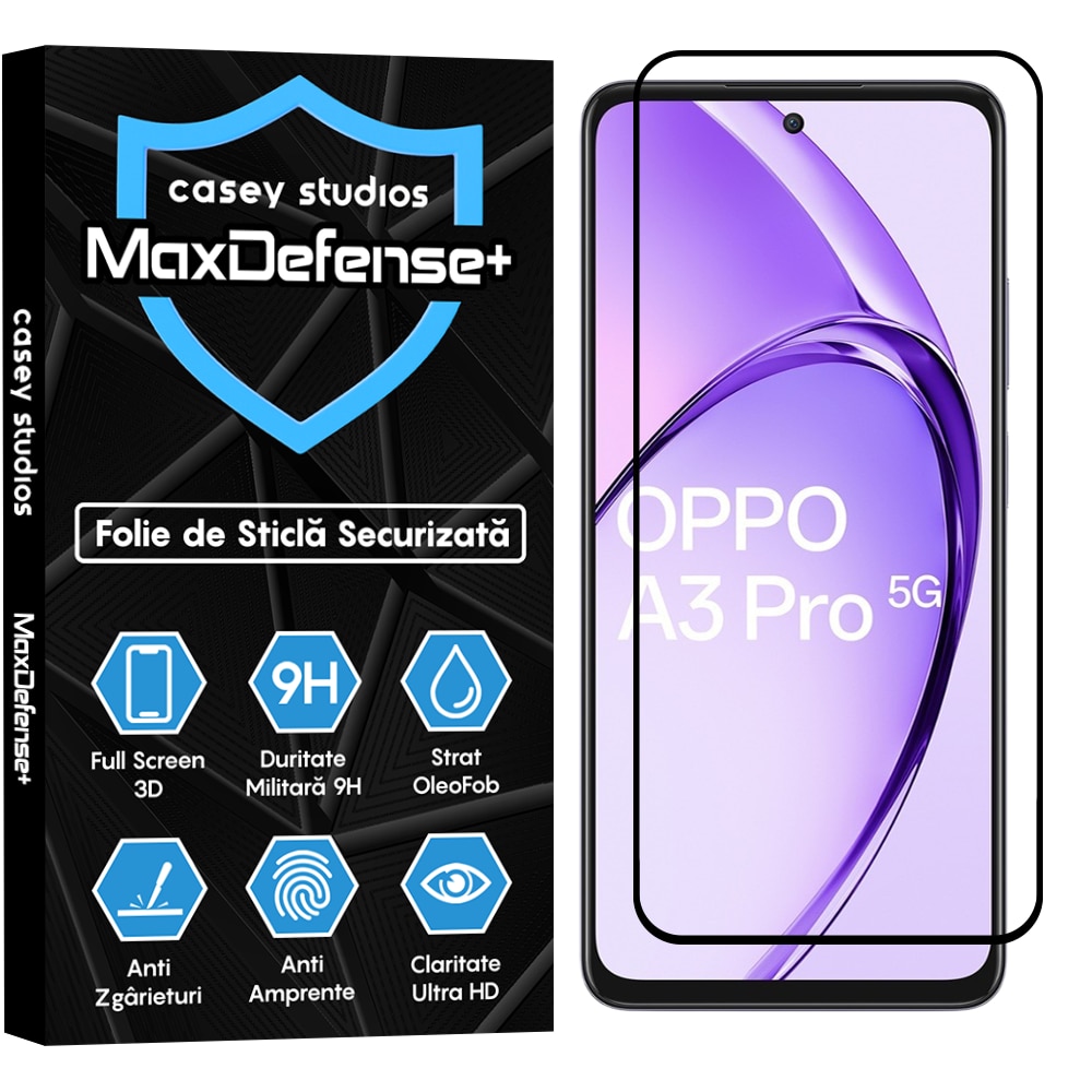Folie Sticla CASEY STUDIOS™ compatibila cu Oppo A3 Pro, Full Cover 3D, Full Glue, Duritate Militara, Ultra HD, Anti Zgarieturi, Anti Amprente, Anti Socuri, Margini Negre