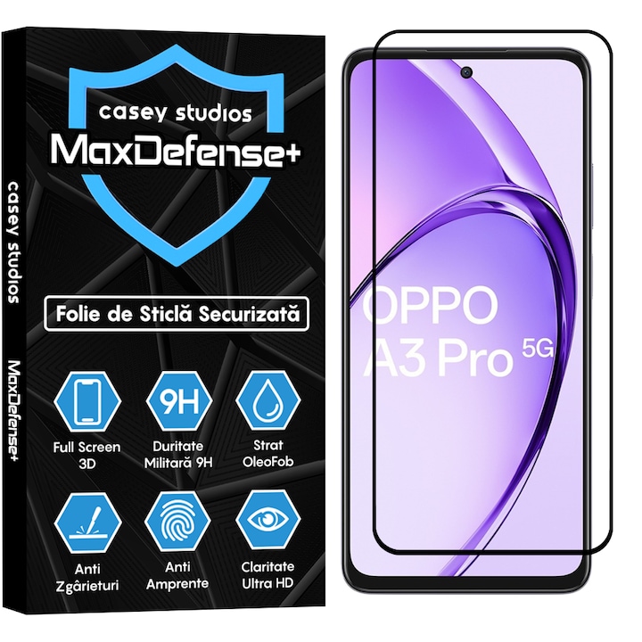 Folie Sticla CASEY STUDIOS™ compatibila cu Oppo A3 Pro, Full Cover 3D, Full Glue, Duritate Militara, Ultra HD, Anti Zgarieturi, Anti Amprente, Anti Socuri, Margini Negre