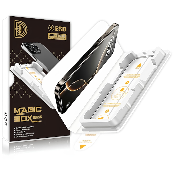Folie Sticla pentru iPhone 16 Pro Max, Siena® Magic Box, Aplicare rapida, Rezistenta 9H, Tratament oleofob, Margini negre, Kit instalare