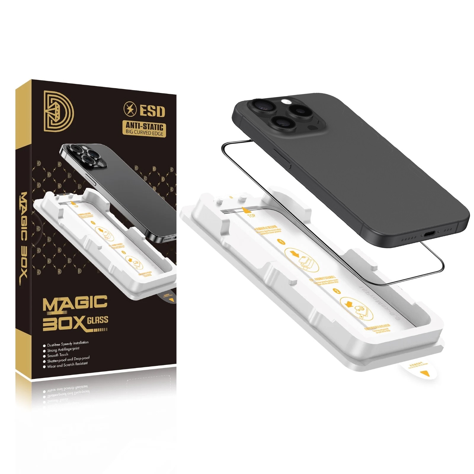 Folie Sticla pentru iPhone 16 Pro Max, Siena® Magic Box, Aplicare rapida, Rezistenta 9H, Tratament oleofob, Margini negre, Kit instalare