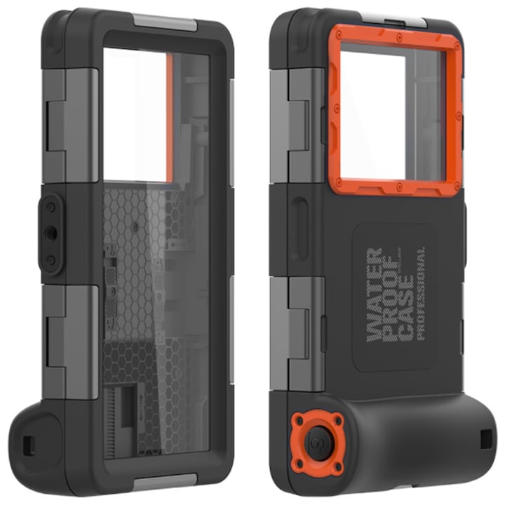 Husa telefon impermeabila, ShellBox Case, Policarbonat, Compatibilate universala, Negru/Portocaliu