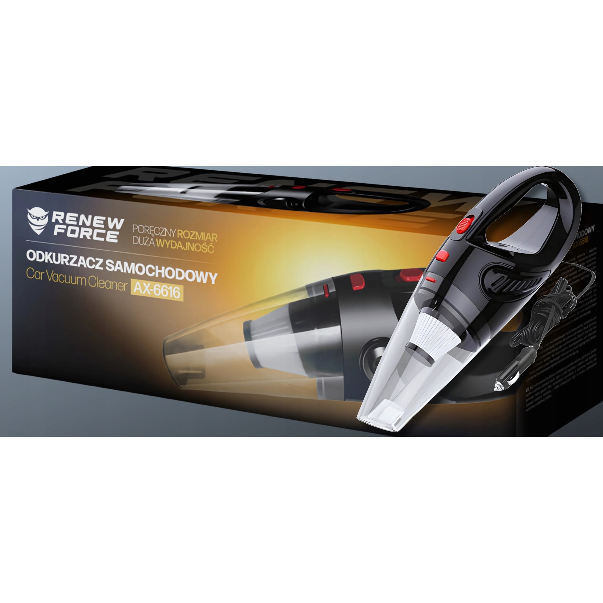 Aspirator auto Renew Force AX-6616, putere 120W, design compact, alimentare 12V, 34x12x10cm