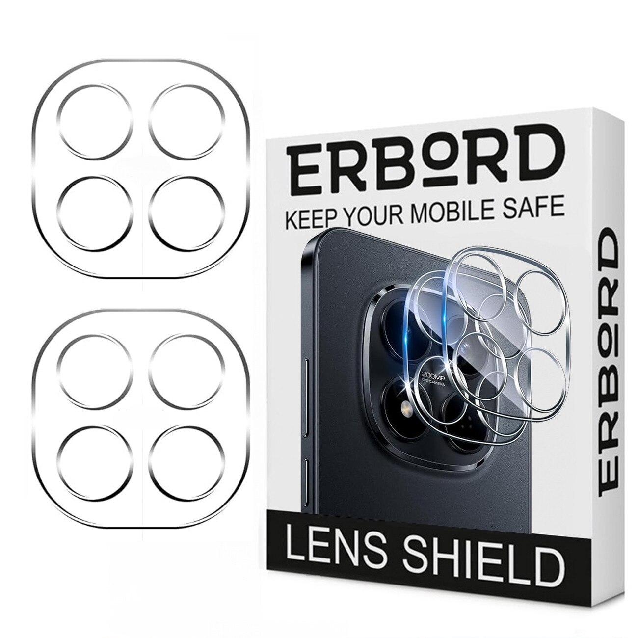 Set 2x Folii protectie camera ERBORD pentru Xiaomi Redmi Note 15 Pro 5G, transparent, 9H, usor de montat