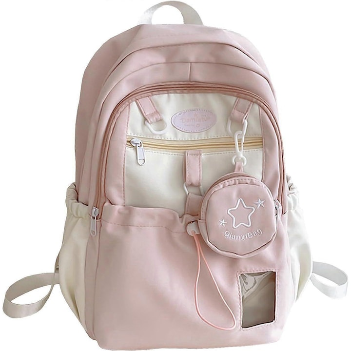 Rucsac dragut, geanta dubla de umar pentru calatorii, rucsac pentru laptop de colegiu, roz, 16 inch, cu pouch detasabil