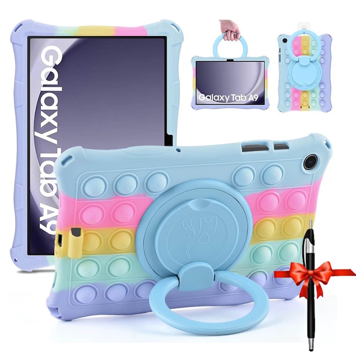 Husa de protectie pentru tableta, ZYNORO®，suport rotativ, 8.7 inch, Cu snur，Compatibila cu Samsung Tab A9, Albastru/Roz
