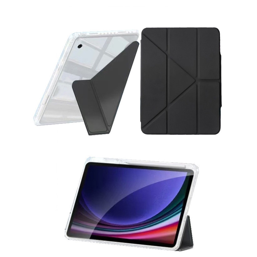 Husa tableta, pentru Samsung Galaxy Tab A9+, Triple Fold in forma de Y Design, Multi unghi, de piele pentru tablete cu slot pentru stilou, Trezire automata / somn，Negru, Transparent