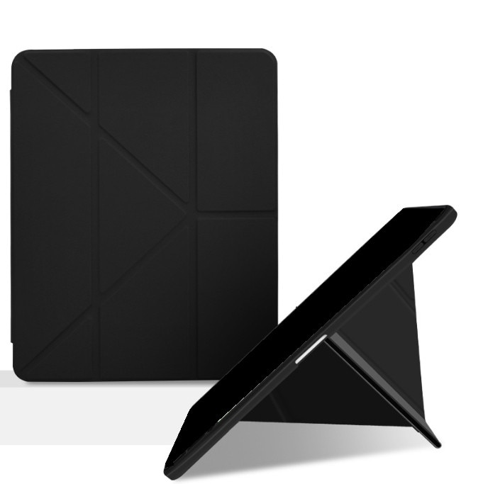 Husa tableta, pentru Samsung Galaxy Tab A9+, Triple Fold in forma de Y Design, Multi unghi, de piele pentru tablete cu slot pentru stilou, Trezire automata / somn，Negru, Transparent