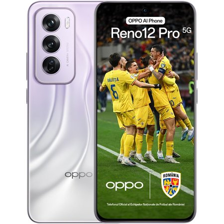 Telefon mobil OPPO Reno12 Pro UEFA Champions League Edition, Dual SIM, 512GB, 12GB RAM, 5G, Nebula Silver + breloc UCL, Popsocket UCL, Panza microfibra pentru curatare ecran