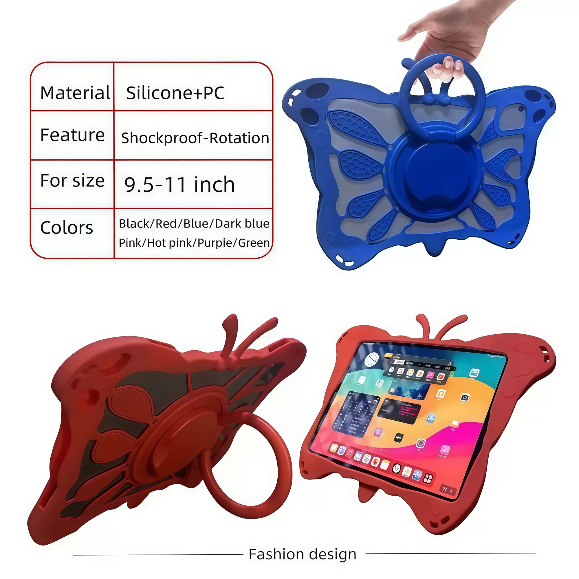 Husă Tableta Copii 9.5-11 inch, Fluture, Silicon Premium, Albastru, Suport Rotativ 360