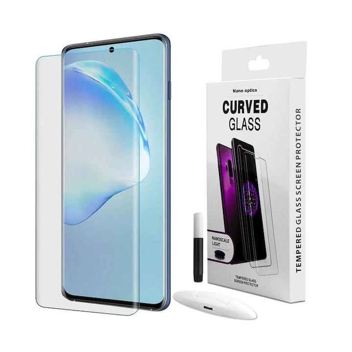 Folie sticla curbata cu adeziv UV Full Glue compatibila Samsung Galaxy S20 PLUS transparenta PROTECT + Instructiuni montare incluse