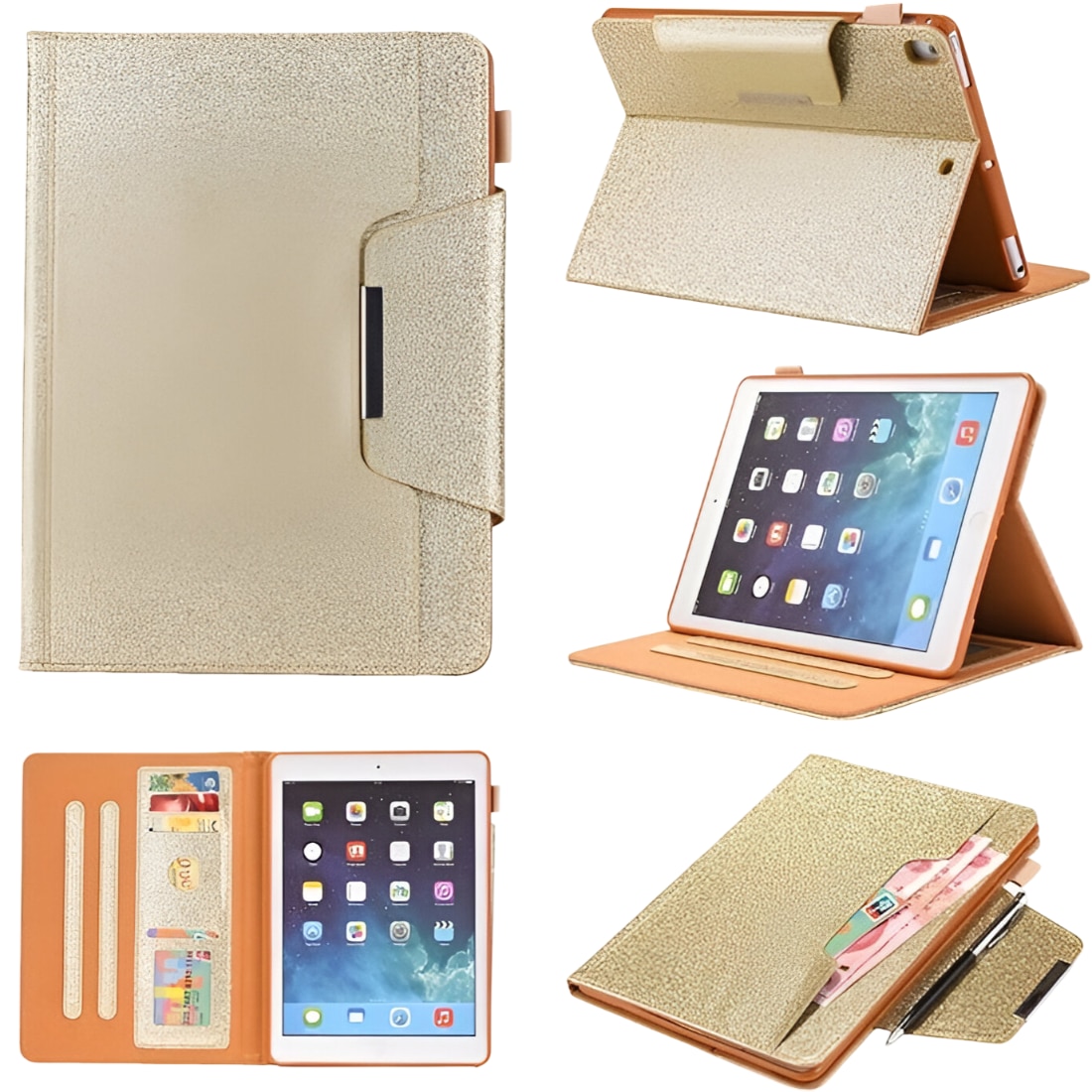 Etui protectie pentru iPad 10.2", Nikcorp, brocat, cu suport, auriu