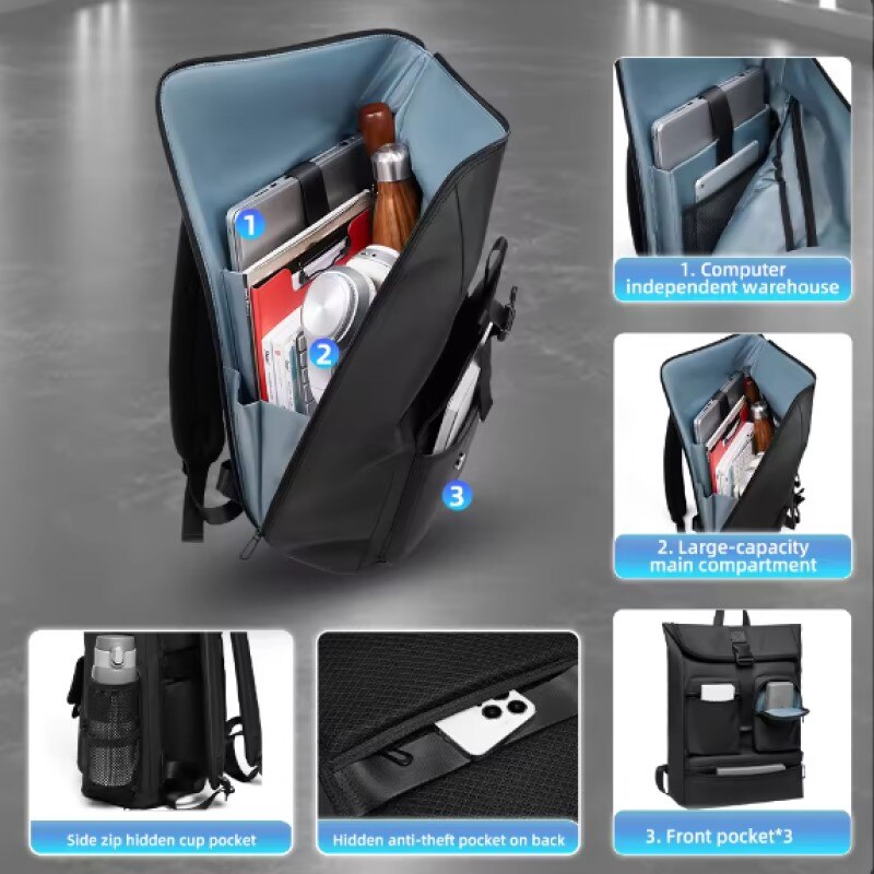 Rucsac laptop 15.6", smart casual, design pelerin, impermeabil, expandabil, cu port USB, GETICS, 32x13.5x43/50 cm, Negru