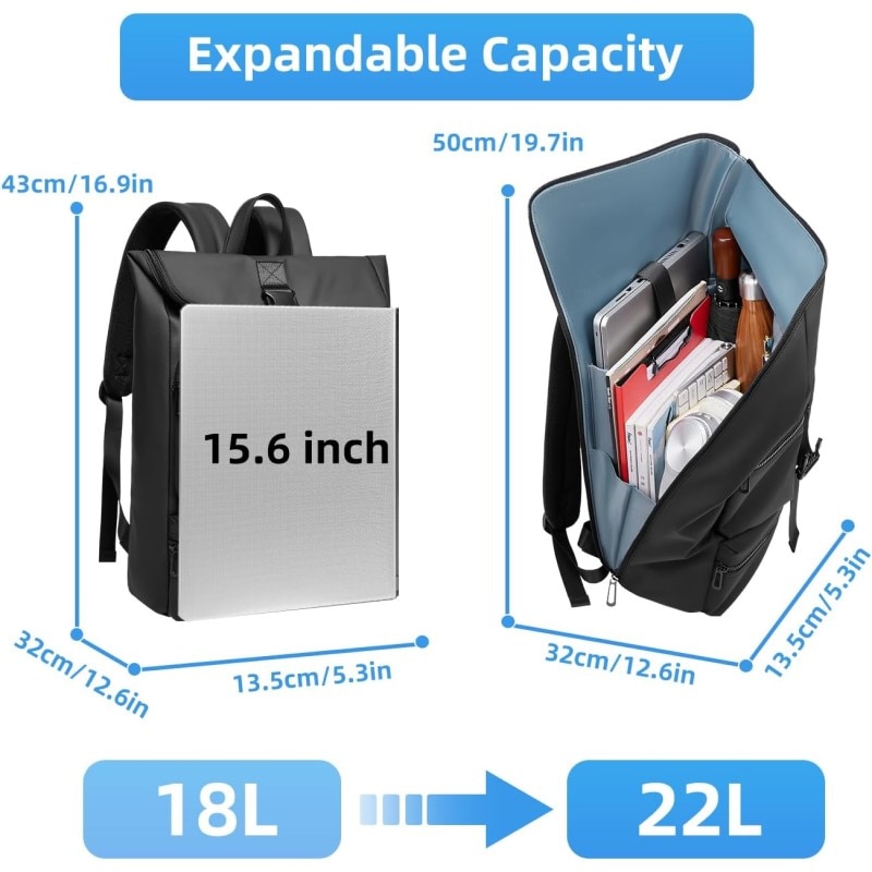 Rucsac laptop 15.6", smart casual, design pelerin, impermeabil, expandabil, cu port USB, GETICS, 32x13.5x43/50 cm, Negru