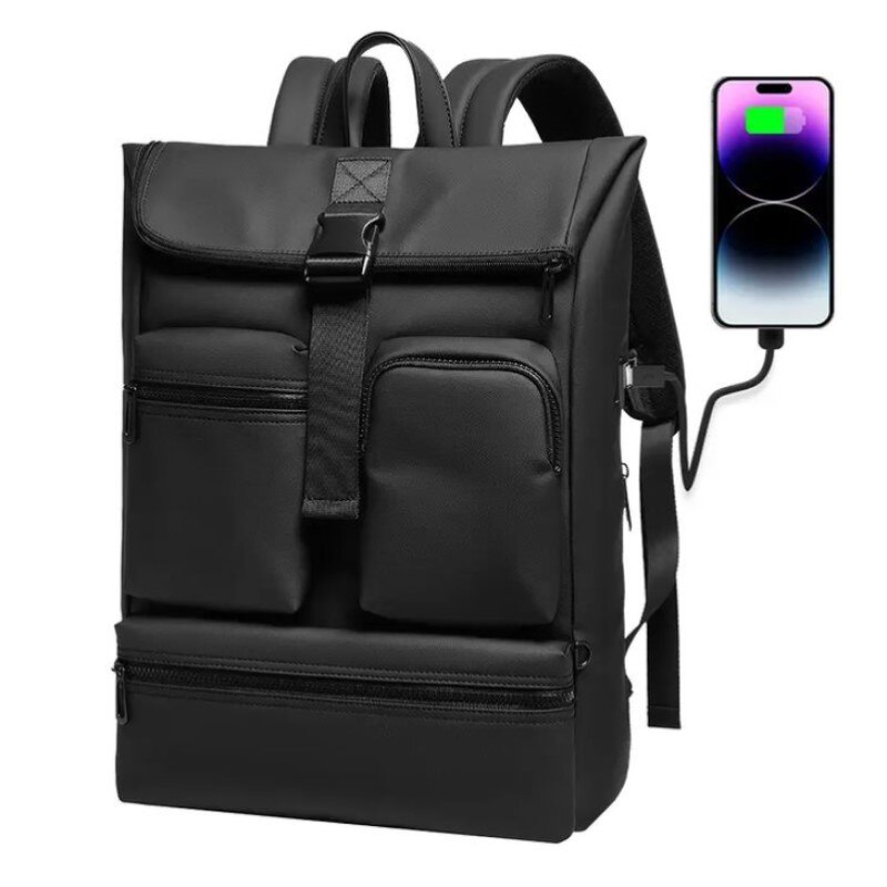 Rucsac laptop 15.6", smart casual, design pelerin, impermeabil, expandabil, cu port USB, GETICS, 32x13.5x43/50 cm, Negru