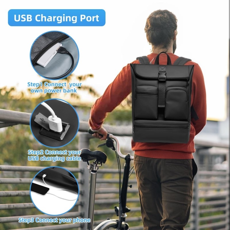 Rucsac laptop 15.6", smart casual, design pelerin, impermeabil, expandabil, cu port USB, GETICS, 32x13.5x43/50 cm, Negru