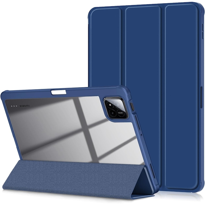 Husa Sigloo pentru tableta Xiaomi Pad 6S Pro 12.4' (2024) – Slim, Tri-Fold Magnetic, Piele Ecologica, Antisoc, Spate transparent – Albastru