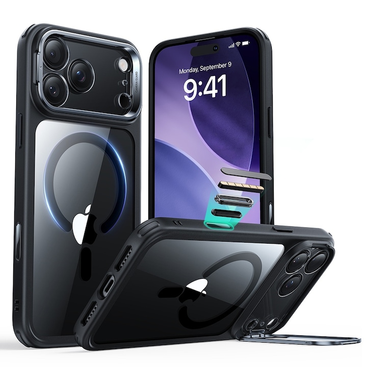 Husa pentru Apple iPhone 17 Pro Max ESR Classic Hybrid HaloLock Kickstand, Protectie Camera, MagSafe, Stativ incorporat, Incarcare wireless, Transparent/Negru