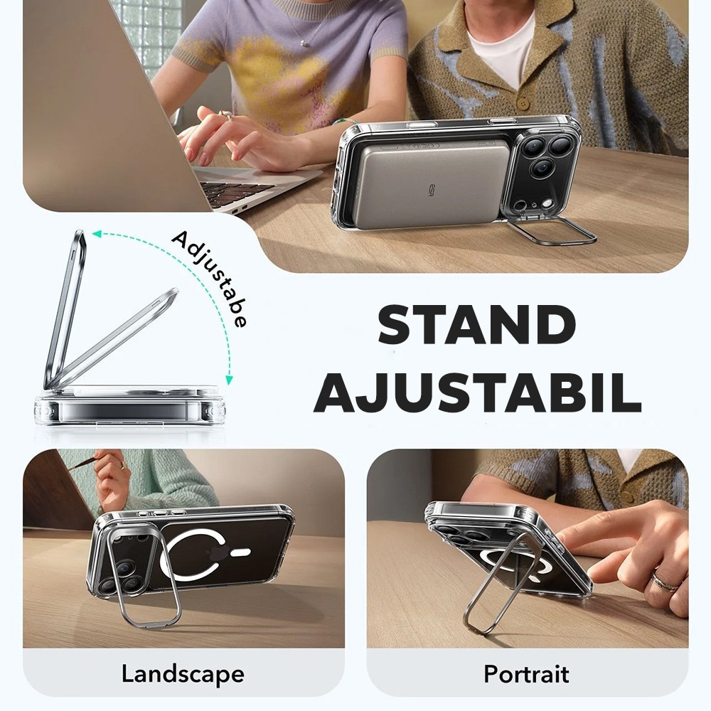 Husa pentru Apple iPhone 17 Pro Max ESR Classic Hybrid HaloLock Kickstand, Protectie Camera, MagSafe, Stativ incorporat, Incarcare wireless, Transparent/Negru