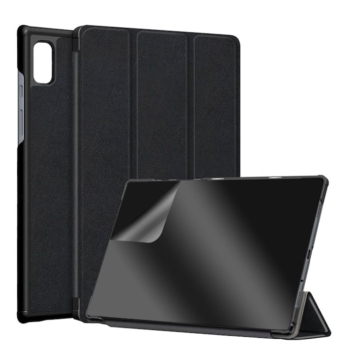 Set Husa Tableta din piele PU si Folie Silicon Transparent pentru Apple iPad Pro 11 (2018 / 2020 / 2021 / 2022), Protectie Completa 360, Hydrogel Regenerabil, Full Glue, Interior Catifea, Stand, Display Protejat, Colturi Anti-Soc, Negru
