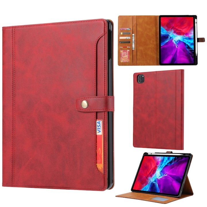 Husa tableta compatibila cu iPad Air 13 / iPad Pro 12.9, Textura piele de vitel, Capac pliabil dublu, Rosu