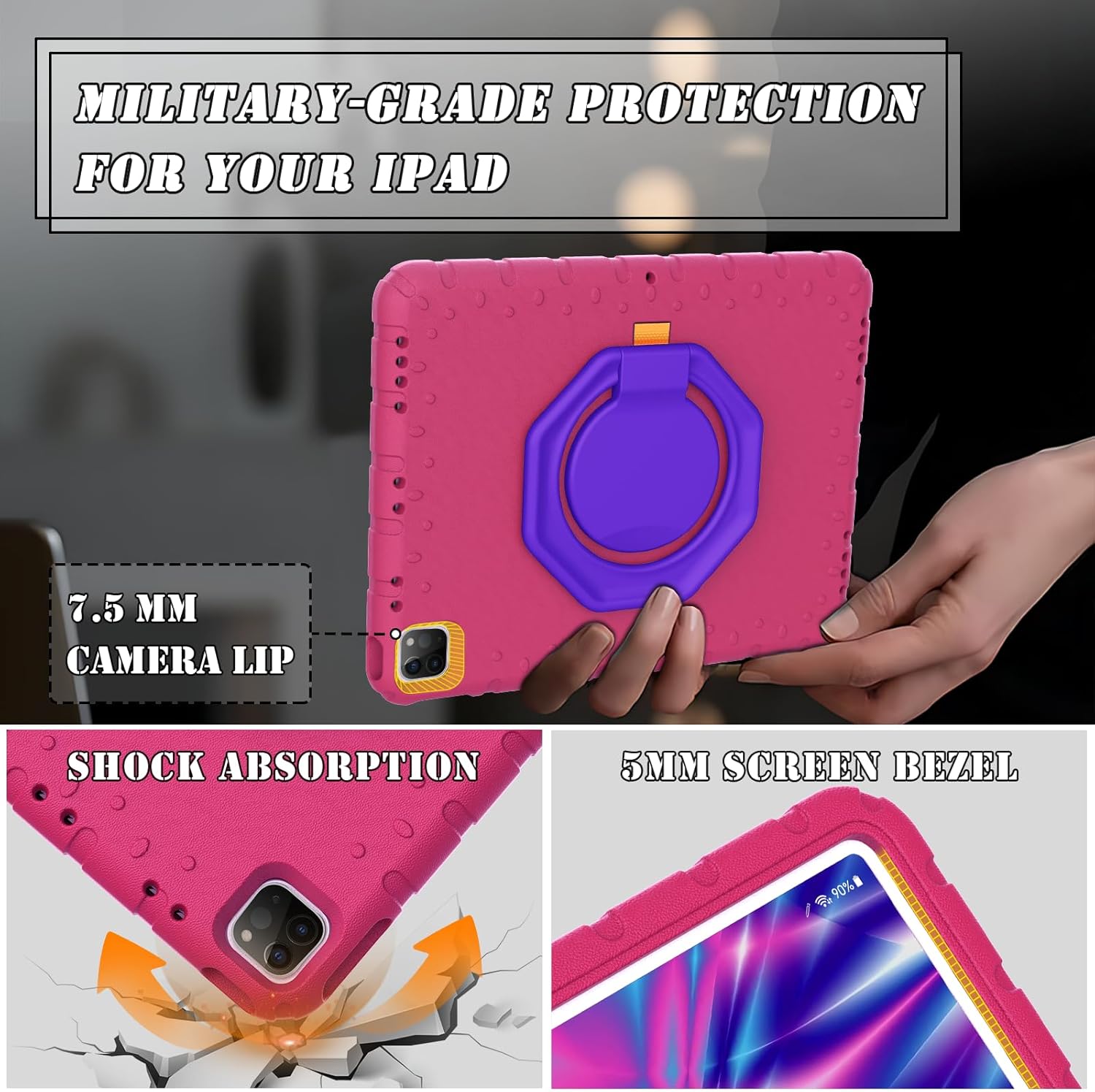 Husa Lotusif pentru iPad Pro 12.9 inch, Suport Rotativ 360, Suport pentru Creion, Roz Aprins