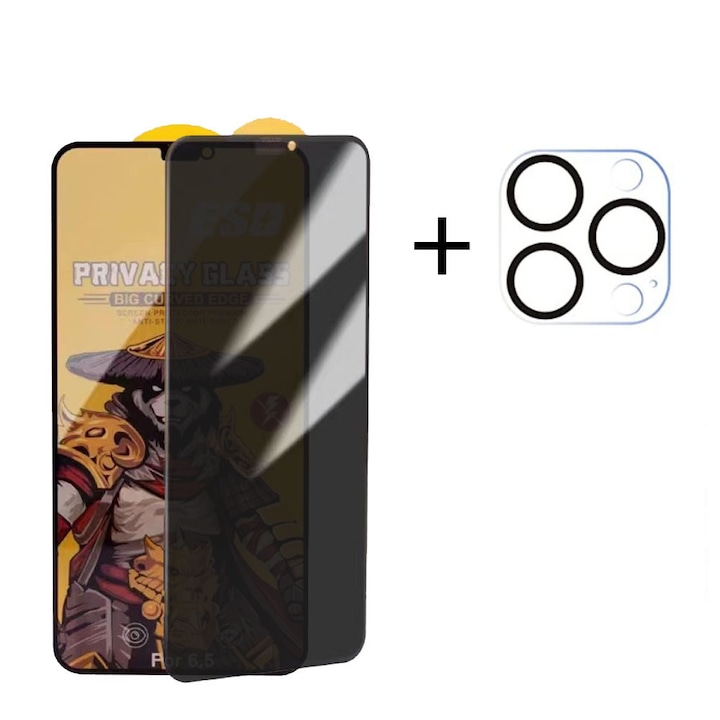 Set 2 folii privacy protectie telefon, Sticla securizata, Pentru ecran/camera, compatibil cu iPhone 15 Pro Max, Acoperire completa