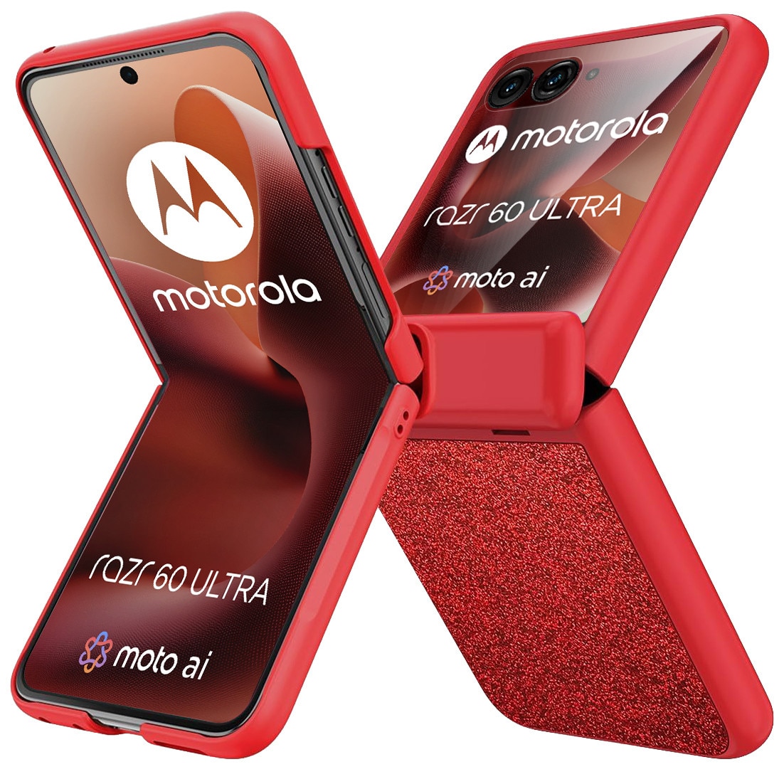 Etui pentru Motorola Razr 60 Ultra, Glitter PC Case, cu sticla si suport, rosu