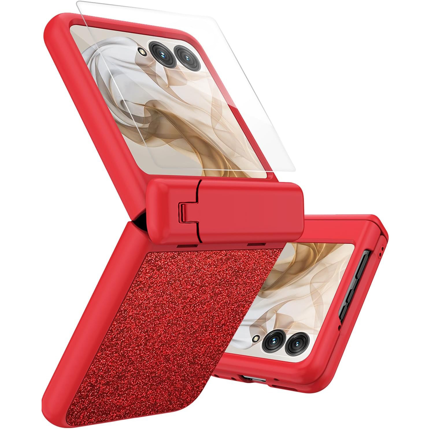 Etui pentru Motorola Razr 60 Ultra, Glitter PC Case, cu sticla si suport, rosu