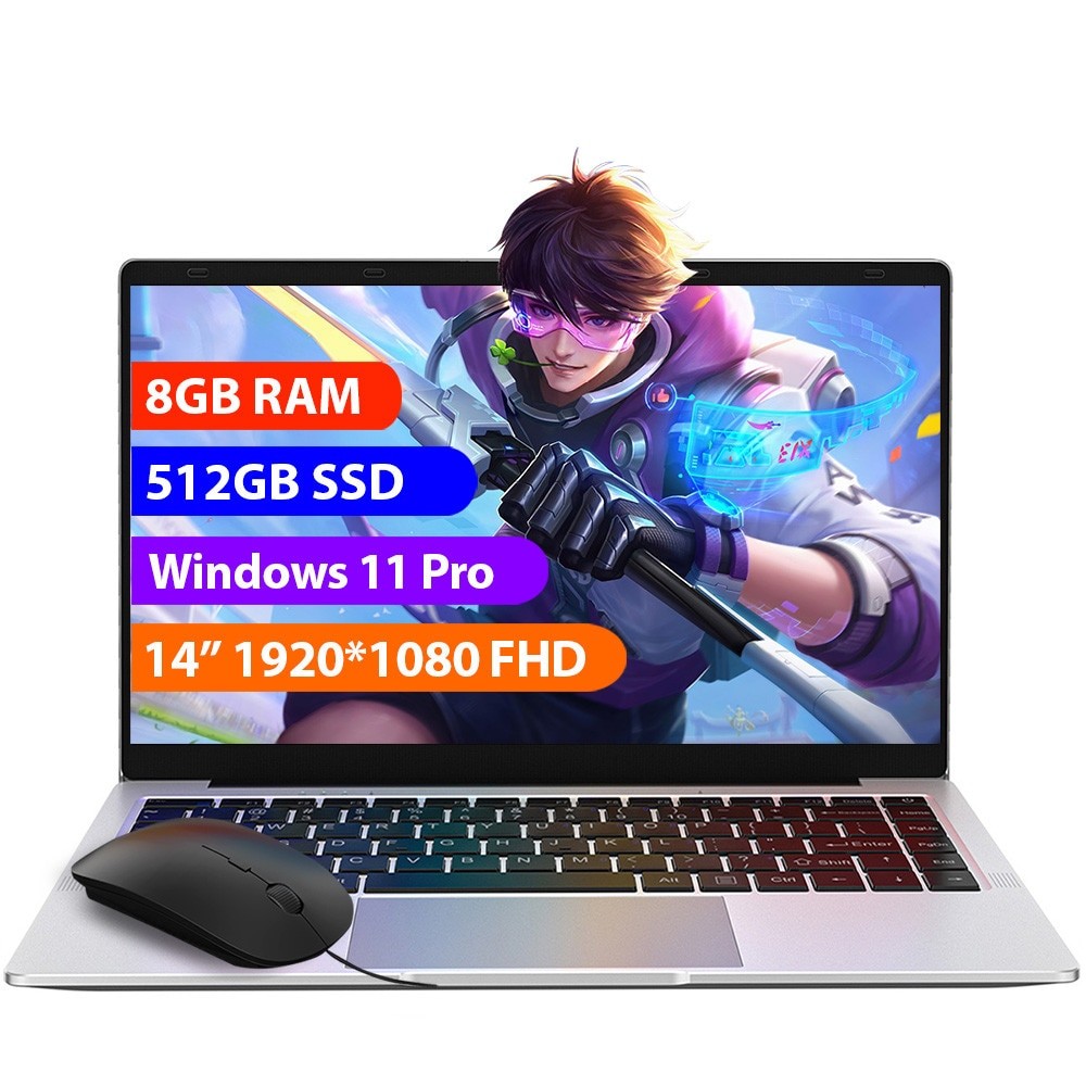 Laptop 14" cu procesor Intel Celeron N4120, 8GB RAM, 512GB SSD, 1920*1080 FHD, Windows 11 Pro, Intel® UHD Graphics 600, 5GHz Wifi, 5000mAh, Argintiu