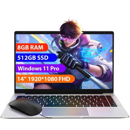 Laptop 14" cu procesor Intel Celeron N4120, 8GB RAM, 512GB SSD, 1920*1080 FHD, Windows 11 Pro, Intel® UHD Graphics 600, 5GHz Wifi, 5000mAh, Argintiu