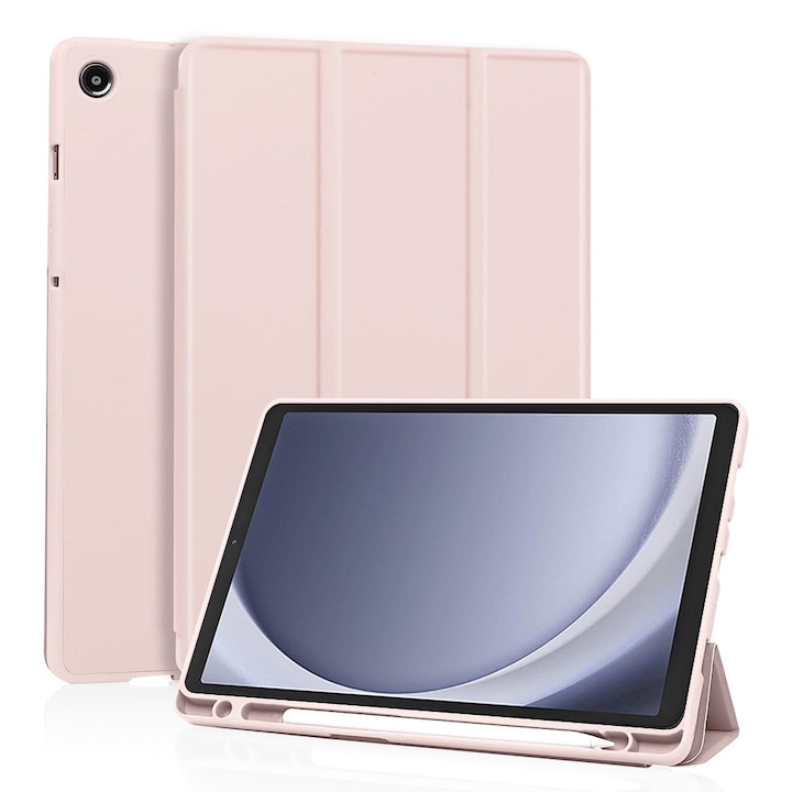 Husa pentru Samsung Galaxy Tab A9 8.7 inch Soft Shell cu functie wake-up/sleep si compartiment pentru stylus tip stand - roz