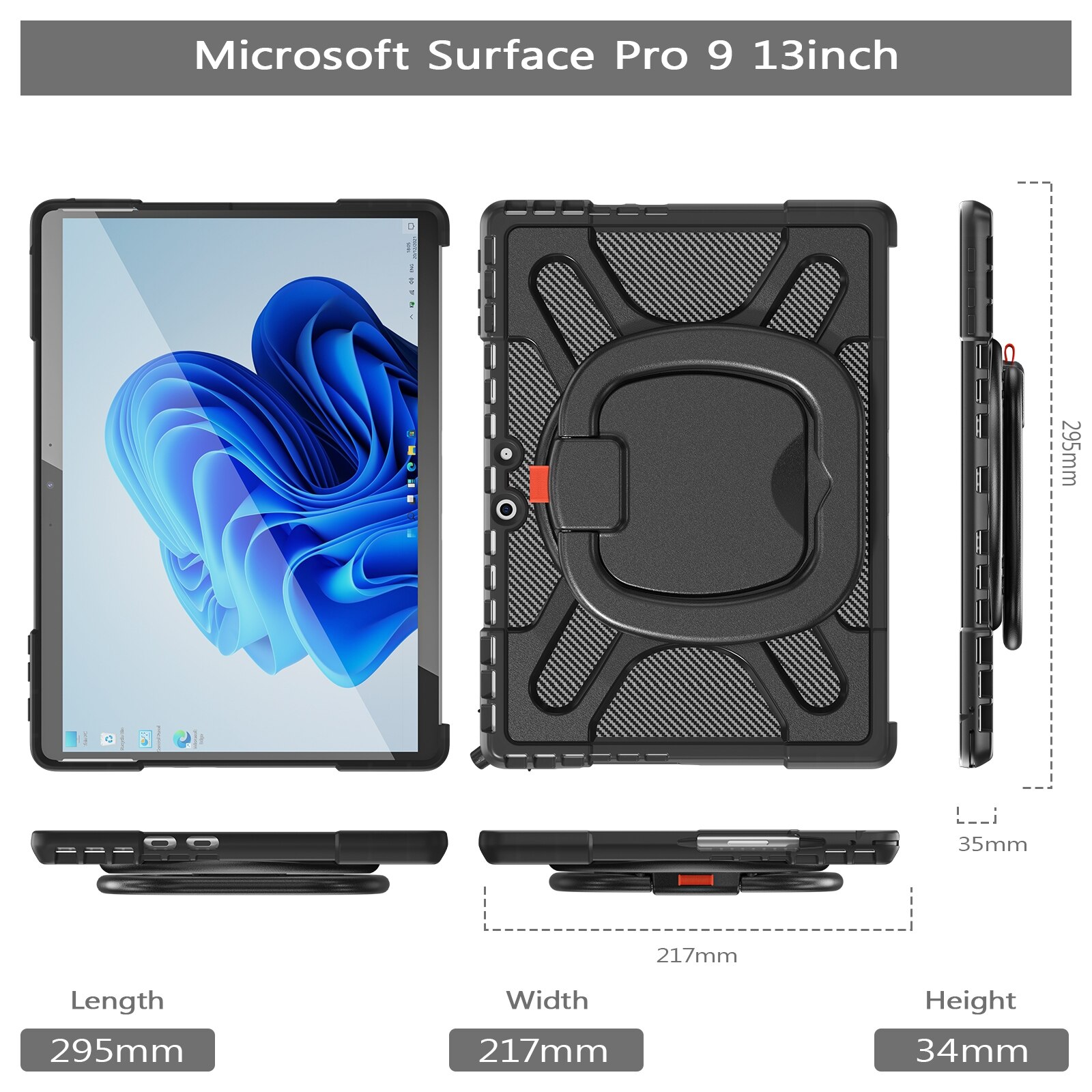 Husa tableta pentru MicroSoft Surface Pro 9/10/11, maner, suport rotativ, anti-soc, neagra