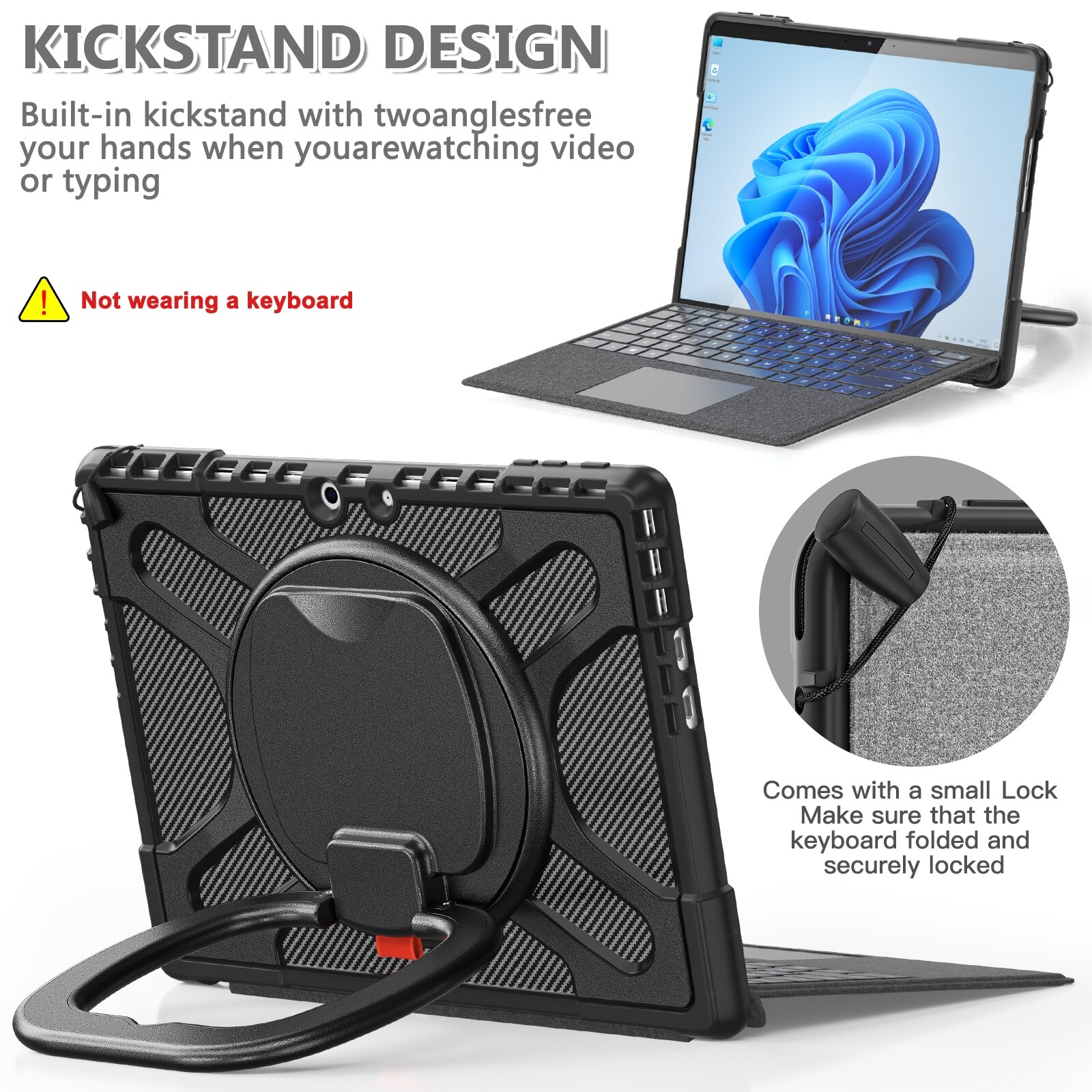 Husa tableta pentru MicroSoft Surface Pro 9/10/11, maner, suport rotativ, anti-soc, neagra