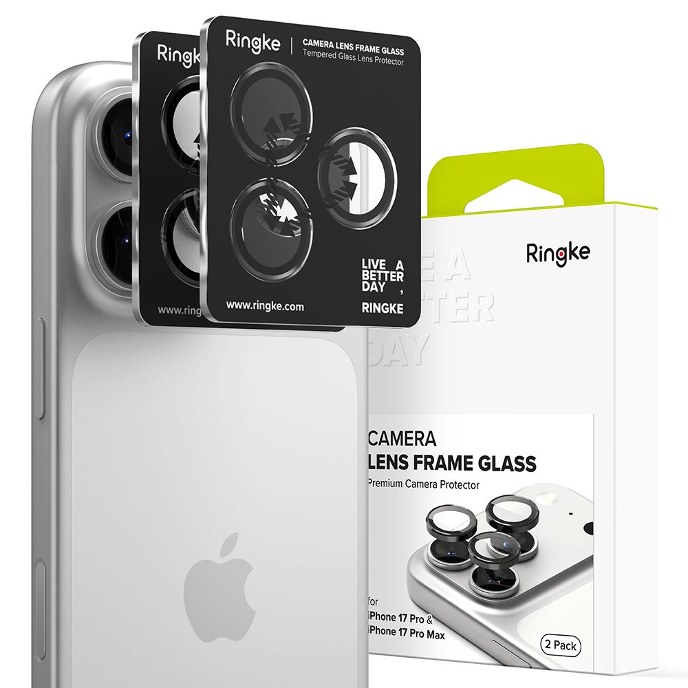 Set 2 protectii camera foto Ringke Camera Frame, Kit montare inclus, compatibil cu iPhone 17 Pro / 17 Pro Max, Negru