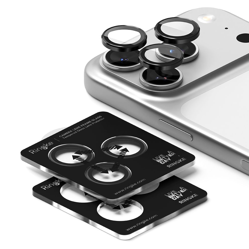 Set 2 protectii camera foto Ringke Camera Frame, Kit montare inclus, compatibil cu iPhone 17 Pro / 17 Pro Max, Negru