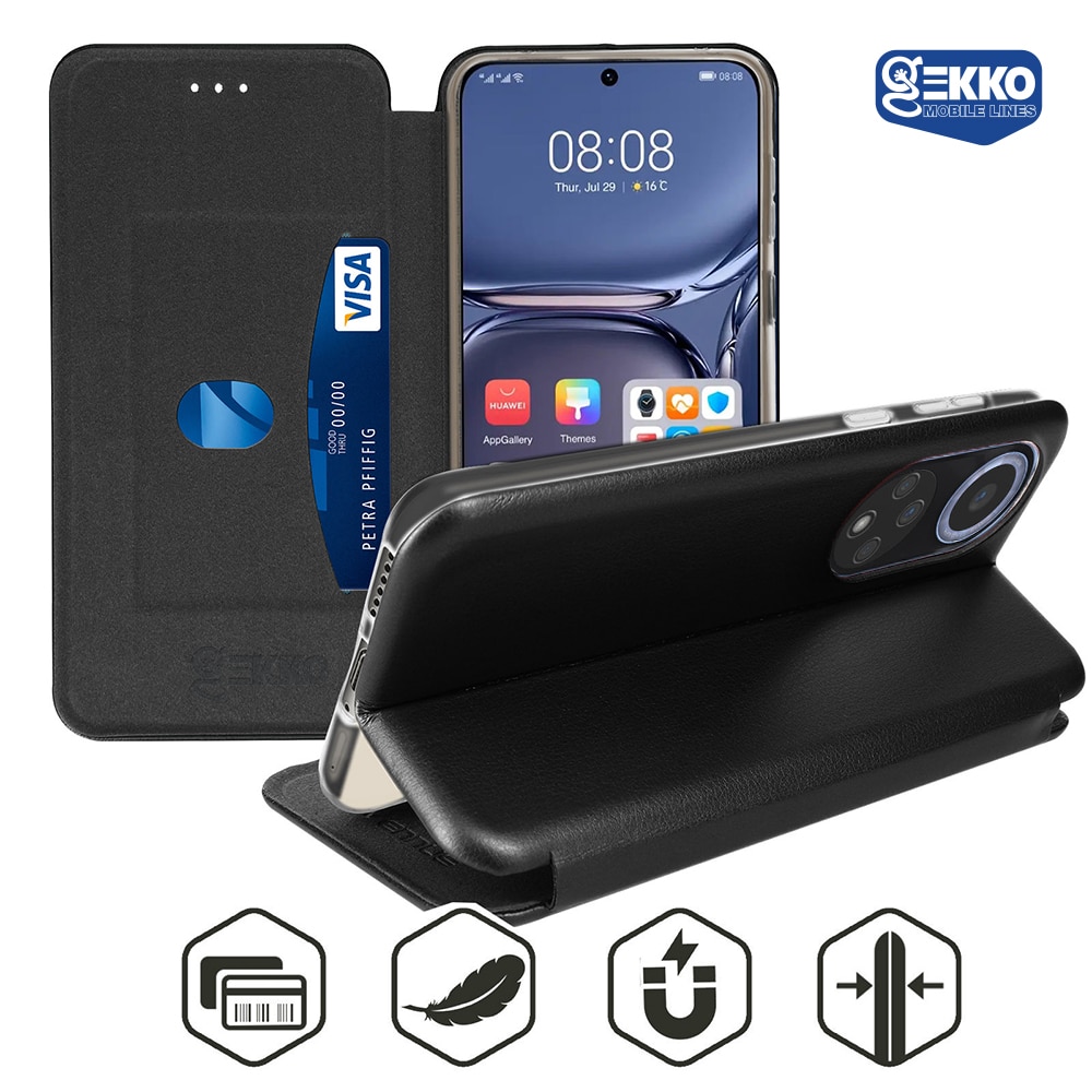 Husa pentru Huawei Nova 9 - Flip carte, inchidere magnetica, buzunar card si video stand, Gekko Elegance - Neagra