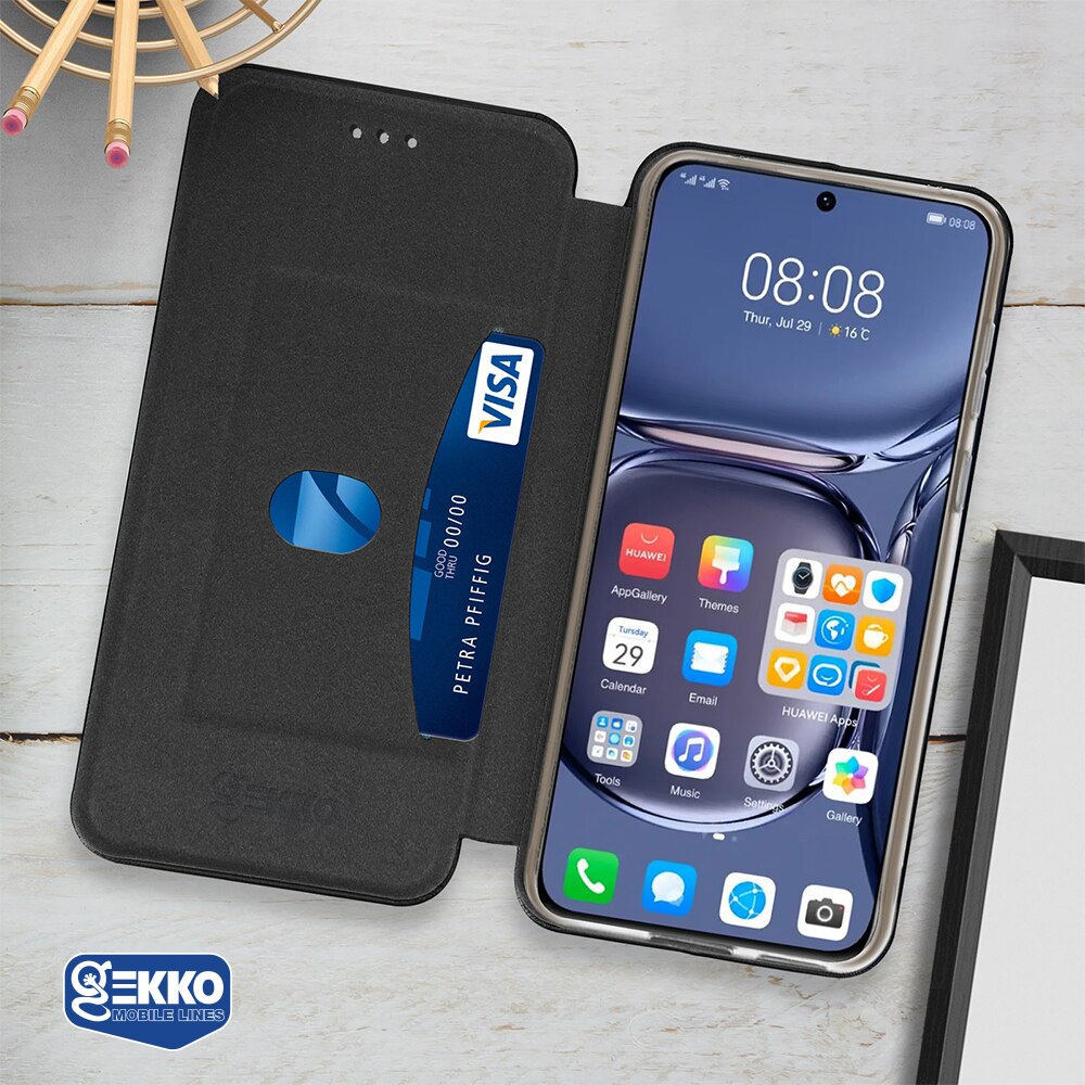 Husa pentru Huawei Nova 9 - Flip carte, inchidere magnetica, buzunar card si video stand, Gekko Elegance - Neagra