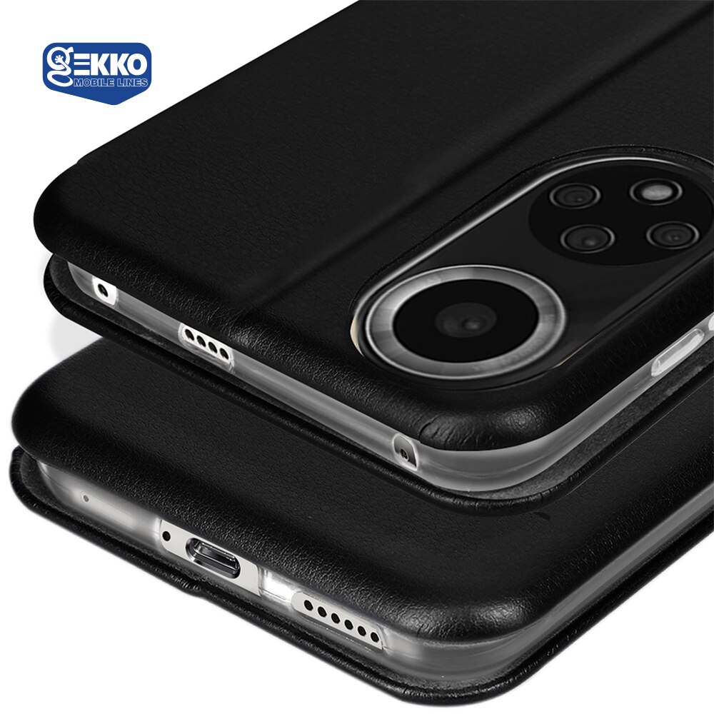 Husa pentru Huawei Nova 9 - Flip carte, inchidere magnetica, buzunar card si video stand, Gekko Elegance - Neagra
