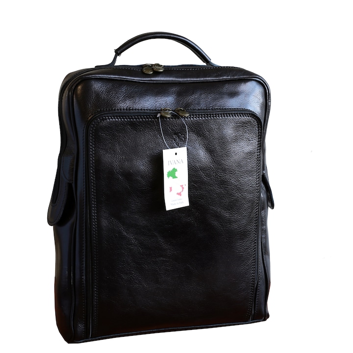 Rucsac pentru laptop din piele naturala, util land, neagra, LR106