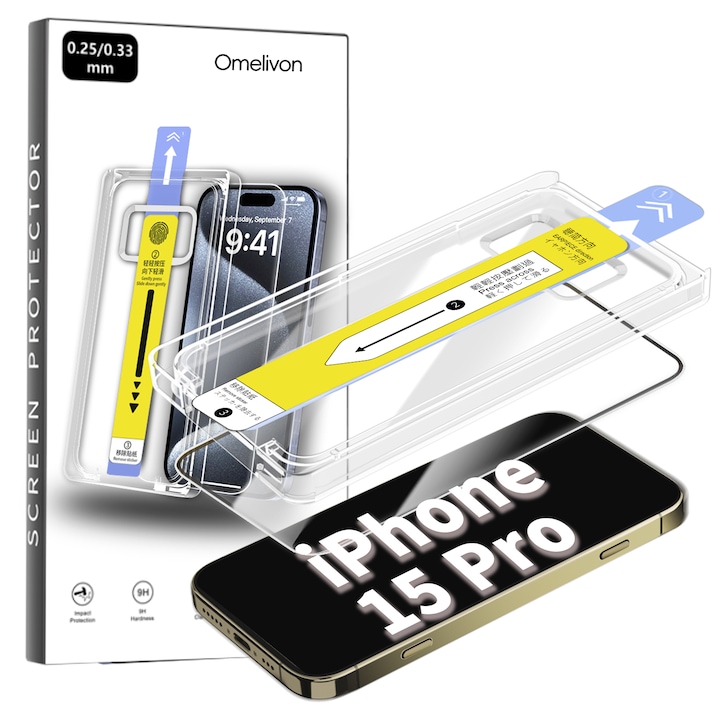 Folie de Protectie pentru iPhone 15 Pro, Omelivon, Sticla Securizata, Full Cover, Margini negre, cu Kit de Aplicare Instanta si Functie Automata de Indepartare a Prafului, Duritate 9H, Ultra HD, Anti Amprente