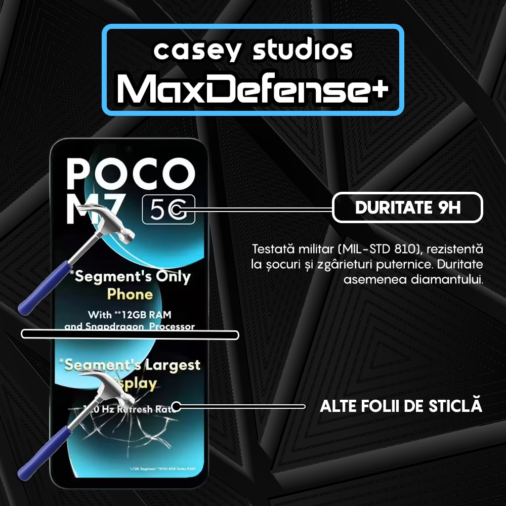 Folie Sticla CASEY STUDIOS™ compatibila cu Xiaomi Poco M7, Full Cover 3D, Full Glue, Sticla Securizata, Duritate Militara, Ultra HD, Protectie Profesionala Ecran 3D, Anti Zgarieturi, Anti Socuri, Margini Negre