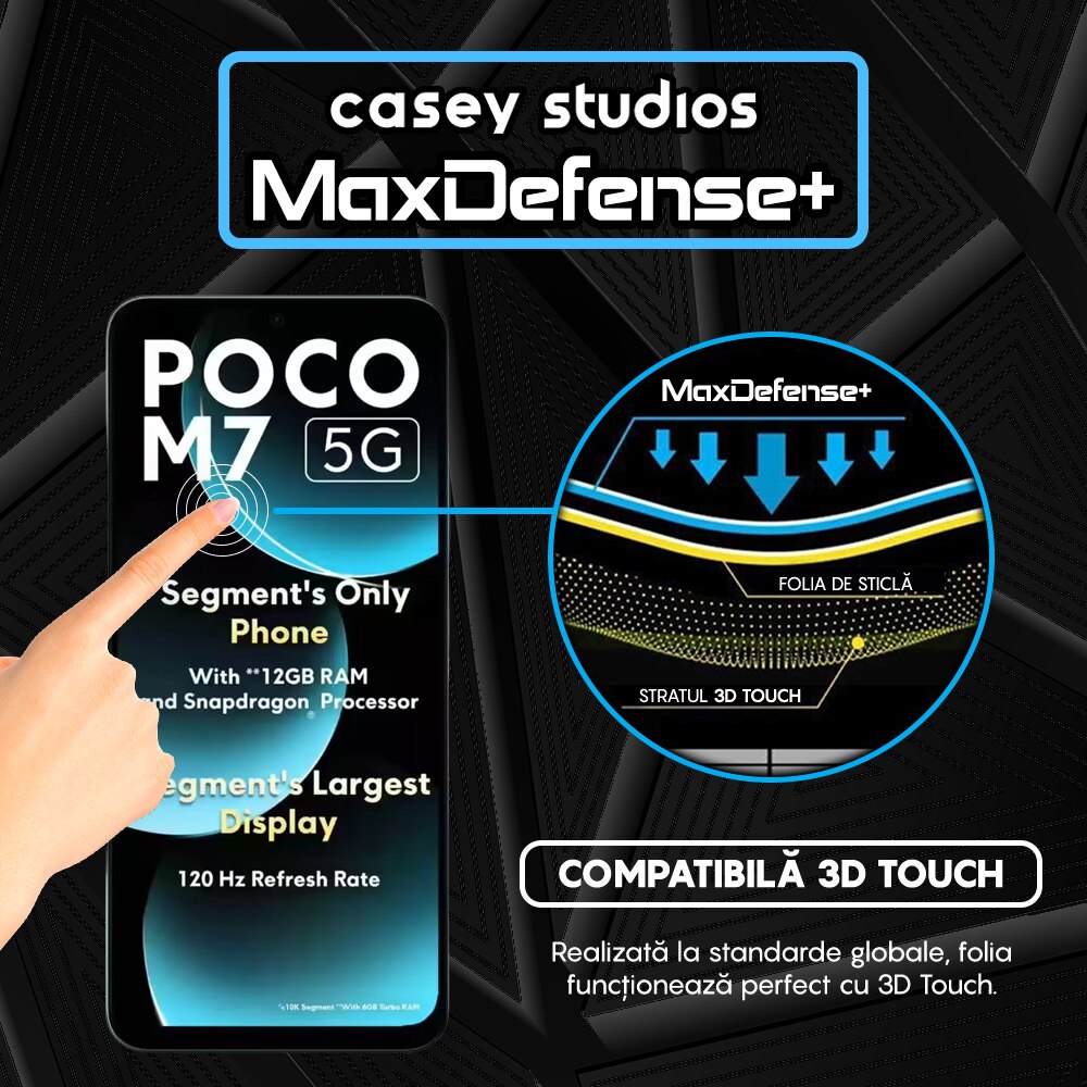 Folie Sticla CASEY STUDIOS™ compatibila cu Xiaomi Poco M7, Full Cover 3D, Full Glue, Sticla Securizata, Duritate Militara, Ultra HD, Protectie Profesionala Ecran 3D, Anti Zgarieturi, Anti Socuri, Margini Negre