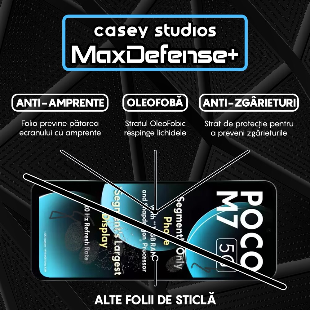 Folie Sticla CASEY STUDIOS™ compatibila cu Xiaomi Poco M7, Full Cover 3D, Full Glue, Sticla Securizata, Duritate Militara, Ultra HD, Protectie Profesionala Ecran 3D, Anti Zgarieturi, Anti Socuri, Margini Negre