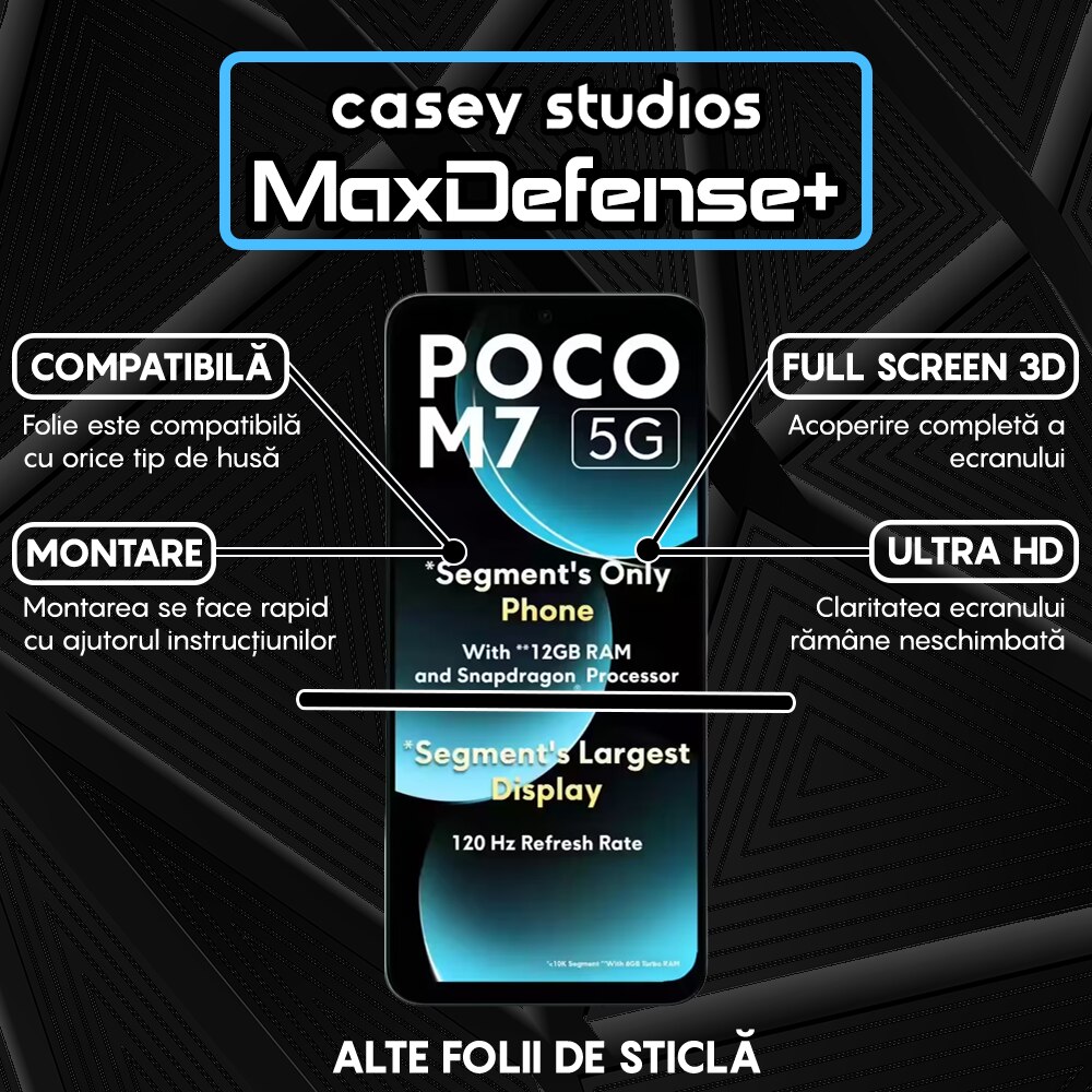 Folie Sticla CASEY STUDIOS™ compatibila cu Xiaomi Poco M7, Full Cover 3D, Full Glue, Sticla Securizata, Duritate Militara, Ultra HD, Protectie Profesionala Ecran 3D, Anti Zgarieturi, Anti Socuri, Margini Negre