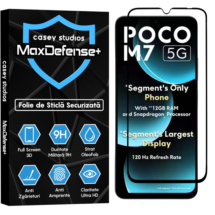 Folie Sticla CASEY STUDIOS™ compatibila cu Xiaomi Poco M7, Full Cover 3D, Full Glue, Sticla Securizata, Duritate Militara, Ultra HD, Protectie Profesionala Ecran 3D, Anti Zgarieturi, Anti Socuri, Margini Negre