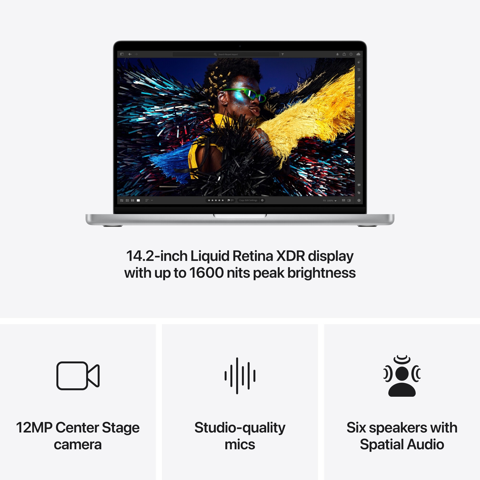 Laptop Apple MacBook Pro 14" cu procesor Apple M4 Pro, 12 nuclee CPU si 16 nuclee GPU, 24GB RAM, 512GB SSD, Silver, Tastatura Internationala, Manual RO