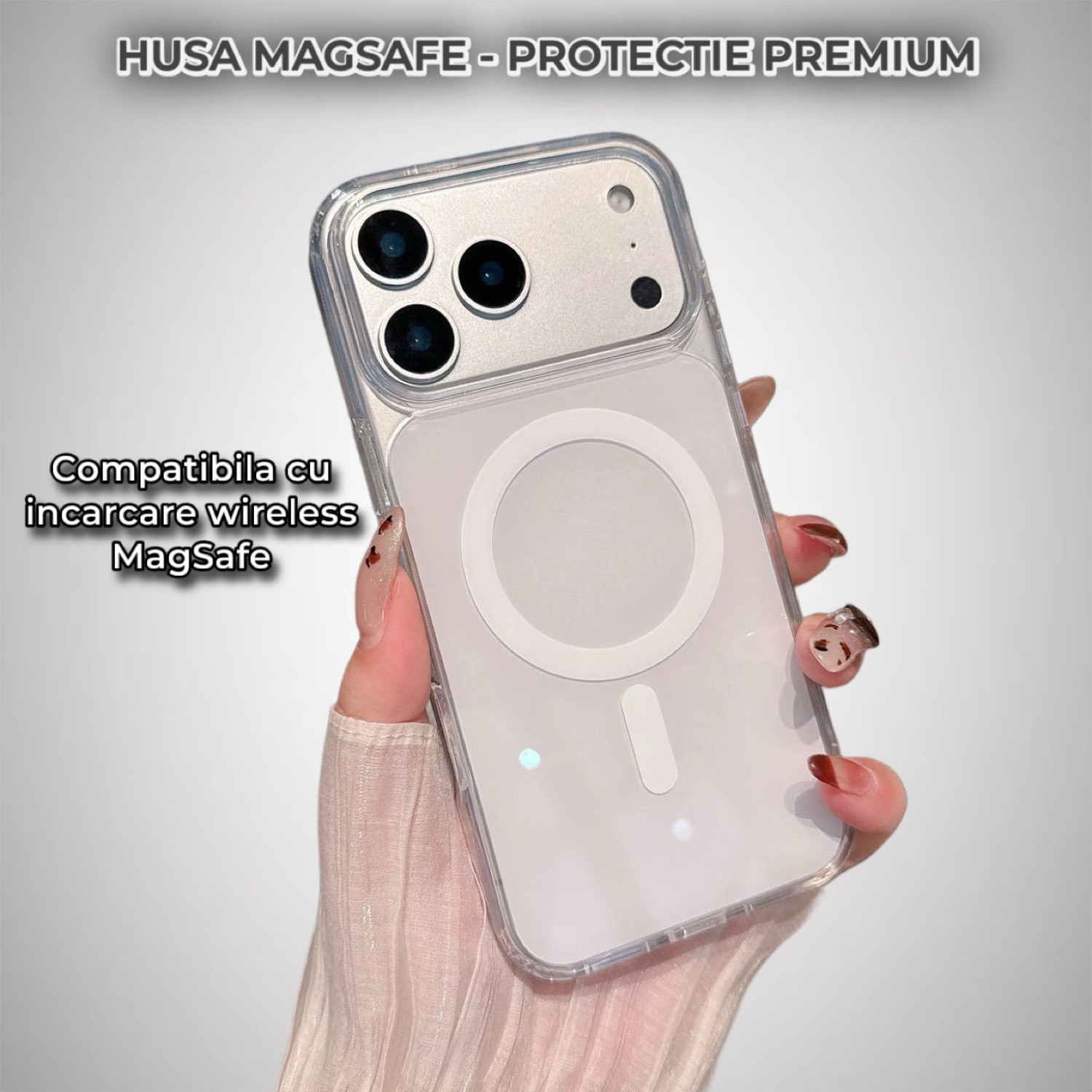 Husa de Protectie Pentru iPhone 17 Pro Max MagSafe Premium Alb, Protectie Ranforsata Antisoc, Design Subtire Transparent, Compatibila Incarcare Wireless