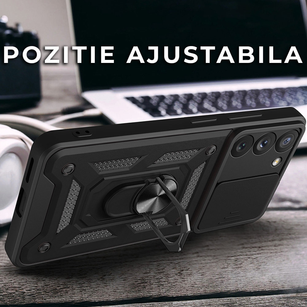 Husa pentru Samsung Galaxy S23 Plus Premium Hybrid Armor Kickstand, Slider Camera, Antisoc, Protectie Superioara, Negru