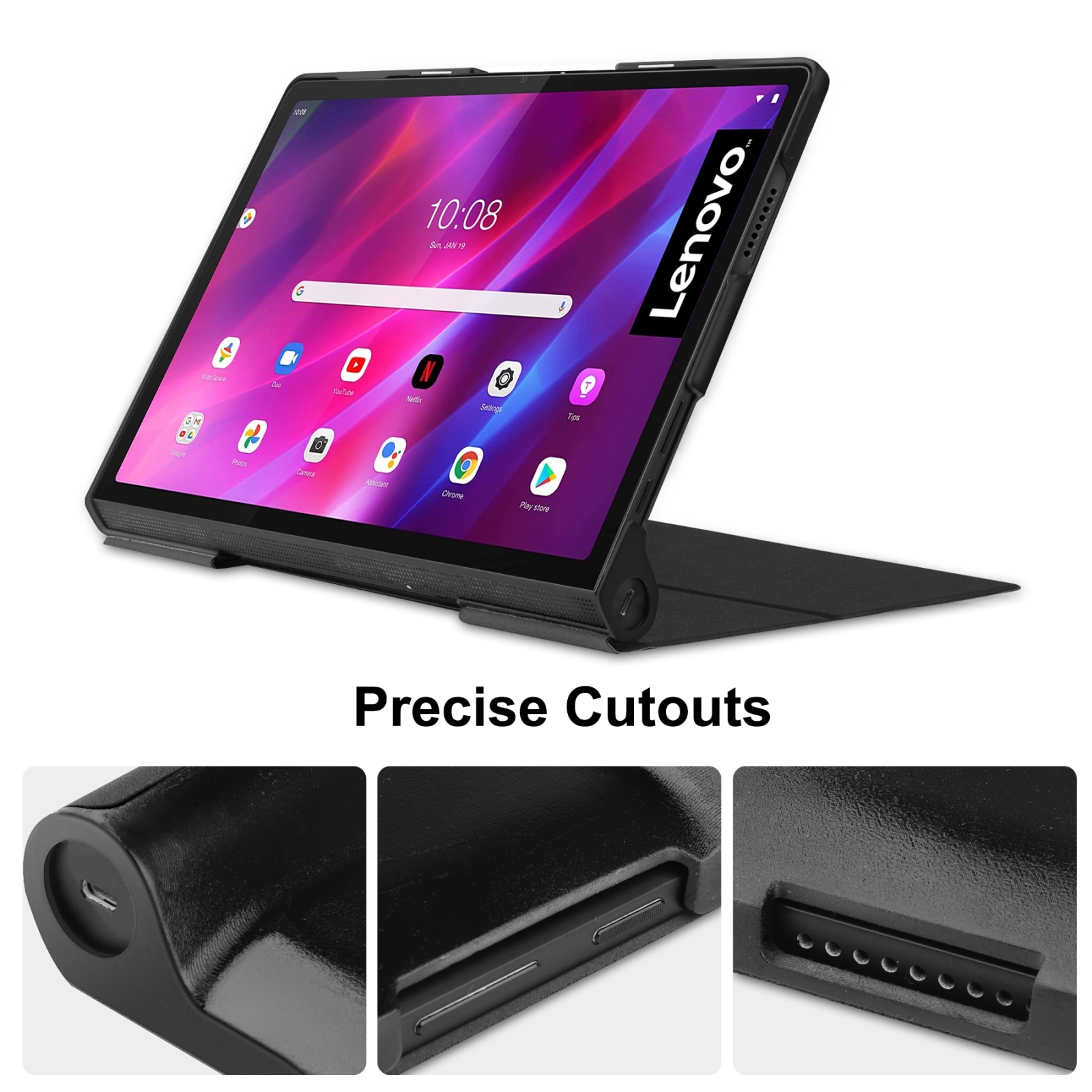 Husa tableta pentru Lenovo Yoga Tab 11 / YT-J706X, textura piele PU, design orizontal cu suport si functie sleep/wake-up (negru)